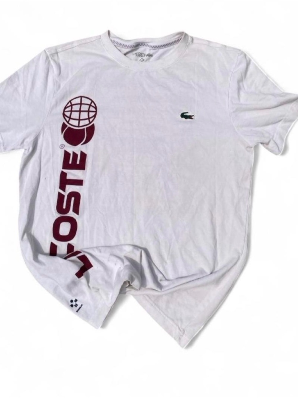 Lacoste White Short-Sleeve Tee with Burgundy Vertical Logo